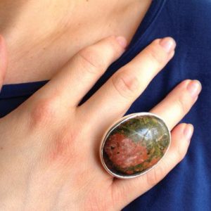 Shop Unakite Rings! Large Unakite Ring Sterling Silver Unakite Ring Gemstone Ring Genuine Crystal Ring Hand Made Big Cocktail Ring | Natural genuine Unakite rings, simple unique handcrafted gemstone rings. #rings #jewelry #shopping #gift #handmade #fashion #style #affiliate #ad