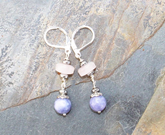 Lepidolite Earrings, Rose Quartz Earrings, Pastel Natural Stone Earrings, Lavender Earrings, Periwinkle Purple Earrings, Pink Earrings