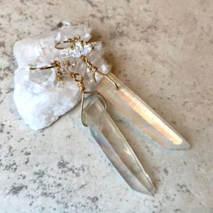 Shop Angel Aura Quartz Earrings! long crystal angel aura quartz earrings | Natural genuine Angel Aura Quartz earrings. Buy crystal jewelry, handmade handcrafted artisan jewelry for women.  Unique handmade gift ideas. #jewelry #beadedearrings #beadedjewelry #gift #shopping #handmadejewelry #fashion #style #product #earrings #affiliate #ad