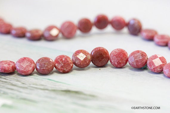 M/ Rhodonite 8mm/ 10mm Faceted Coin Beads 16" Strand Natural Pink Gemstone Beads For Jewelry Making