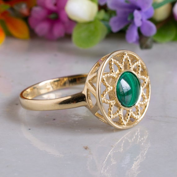 Vintage Malachite Ring, 14k Gold Ring, Dainty Ring, Malachite Jewelry, Eternity Ring, Gemstone Ring, Solitaire Ring, Crystal Ring