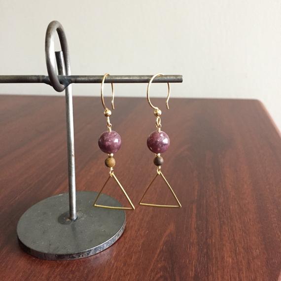Maroon Lepidolite Triangle Earrings In 14k Gold Filled. Semi Precious Gemstones  And Brass Triangles Geometric Earring. French Hook Style