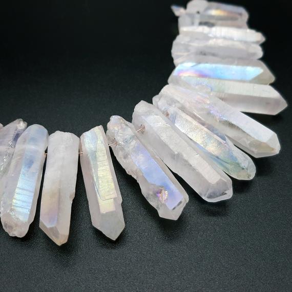 Matte White Aura Quartz Points, Ab Quartz Crystal Points, Top Drilled Crystal Points, Natural Stick Beads