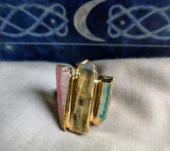 Rainbow Aura Quartz Adjustable Ring Crystal Healing Witchy Jewellery Rose Aura Aqua Aura Angel Aura Gift For Her