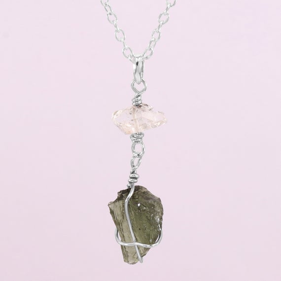 Moldavite Necklace-herkimer Diamond Pendant-sterling Silver Pendant-authentic Moldavite-16+3 Inch Adjustable Sterling Silver Chain