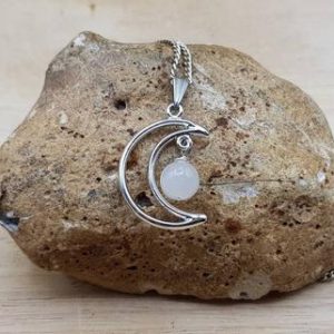 Crescent moon Moonstone Pendant. Crystal Reiki jewelry uk. June's Birthstone. White 8mm stone. Empowered crystals |  #affiliate