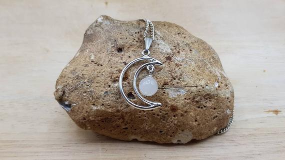Crescent Moon Moonstone Pendant. Crystal Reiki Jewelry Uk. June's Birthstone. White 8mm Stone. Empowered Crystals