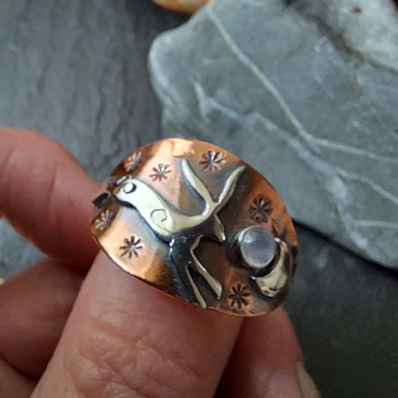 Copper Moon And Silver Hare Ring With Moonstone , Leaping Hare Saddle Ring With Crescent Moon And Stars