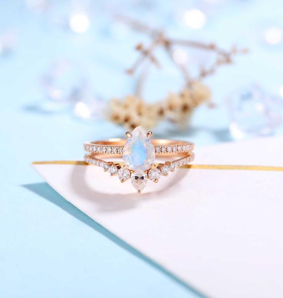 Vintage Moonstone Engagement Ring Rose Gold Ring | Moissanite Ring Half Eternity Ring Bridal Set | Unique Wedding Ring Set |anniversary Ring
