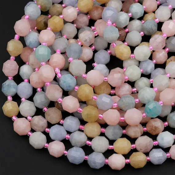 Faceted Natural Blue Aquamarine Pink Morganite 8mm 10mm Beads Energy Prism Double Point Cut 15.5" Strand