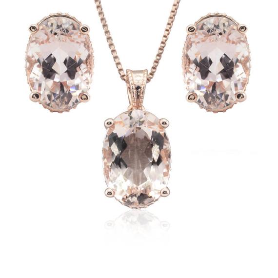 Oval Morganite And Diamond Side Halo Pendant With Matching Oval Morganite Earrings, Lifetime Care Plan Included, Ls4665