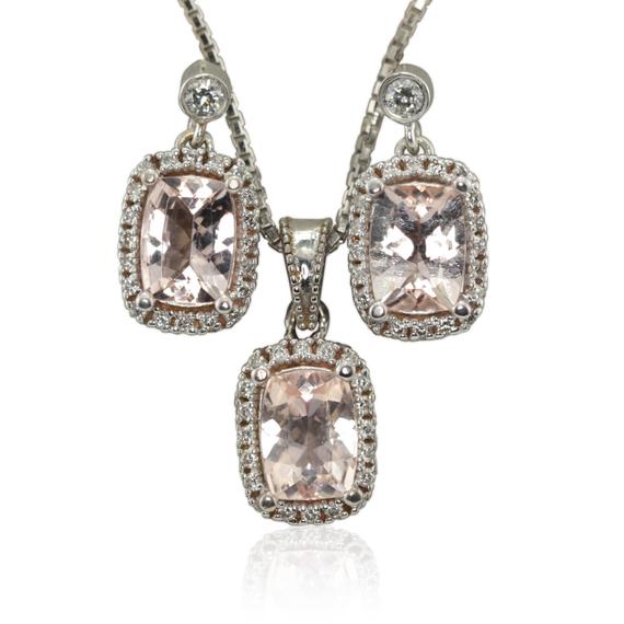 Laurie Sarah Morganite Earrings, Morganite Pendant, Diamond Halo Earrings, Diamond Halo Pendant Jewelry Set - Ls3607