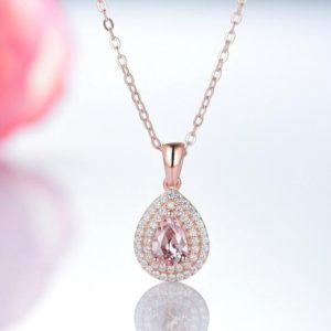 Teardrop Morganite Necklace- 14K Rose Gold Vermeil Double Halo Morganite Pendant Necklace For Women- Anniversary Gift- Birthday Gift For Her | Natural genuine Morganite pendants. Buy crystal jewelry, handmade handcrafted artisan jewelry for women.  Unique handmade gift ideas. #jewelry #beadedpendants #beadedjewelry #gift #shopping #handmadejewelry #fashion #style #product #pendants #affiliate #ad