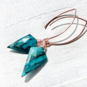 Natural Chrysocolla earrings Rose gold turquoise dangle earrings Raw Chrysocolla stone earrings for women Long spike earrings 14k gold fill | Natural genuine Chrysocolla earrings. Buy crystal jewelry, handmade handcrafted artisan jewelry for women.  Unique handmade gift ideas. #jewelry #beadedearrings #beadedjewelry #gift #shopping #handmadejewelry #fashion #style #product #earrings #affiliate #ad