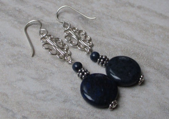 Navy Blue Earrings Silver | Dangling Navy Blue Stone Earrings | Dumortierite Coin-shaped Earrings