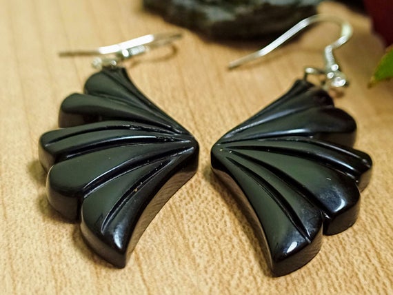 Black Obsidian Earrings, Long Silver Earrings,  Black Dangle Drop Earrings, Goth Earrings, 925 Silver Earrings