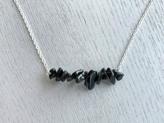 Black Obsidian Necklace, Crystal Bar Necklace, Black Gemstone Choker, Rough Stone Necklace, Crystal Healing Necklace, Necklace Gift For Mom