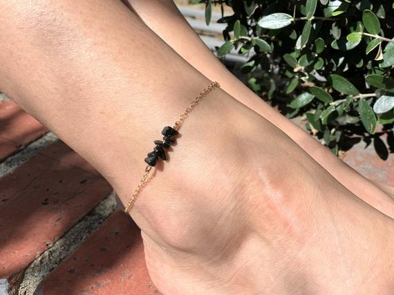 Raw Obsidian Anklet Black Crystal Beaded Anklet Gold, Simple Anklet For Women, Real Gemstone Ankle Bracelet Silver, Empath Healing Jewelry