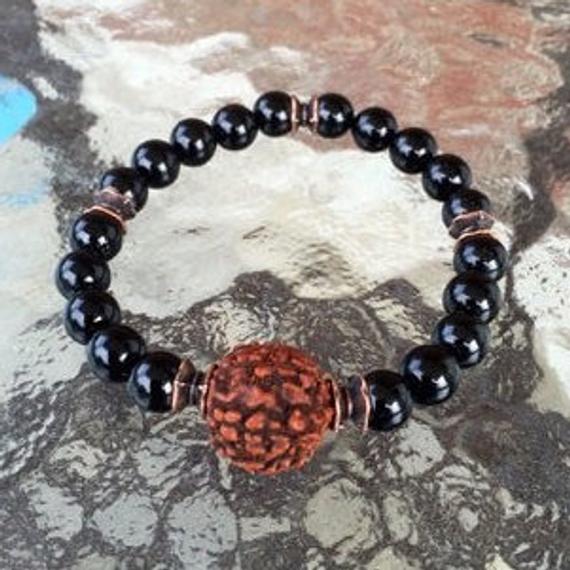 Black Onyx Bracelet Rudraksha Bead Seed Mens Jewelry Mens Gifts For Him Gifts For Boyfriend Wedding Gift For Men Best Gifts For Groom Dad