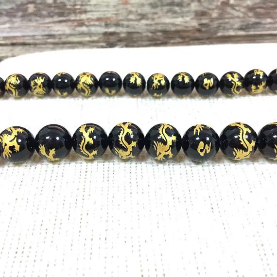 Black Onyx Round Beads Carved Dragon Beads 6mm 8mm 10mm 12mm 14mm Natural Black Gold Beads Painted Chinese Dragon Beads Full Or Half Strand