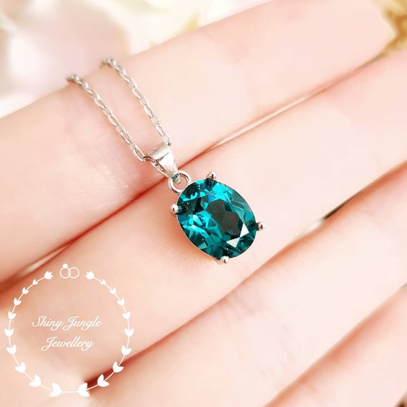 Oval Indicolite Tourmaline Pendant, 3ct Green Tourmaline Necklace With Chain, Teal Blue Gemstone Pendant, October Birthstone Pendant