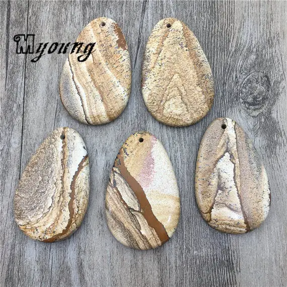Oval Picture Jasper Slice Pendant Beads, Drilled Picture Stone Jewelry Making Charms,  Gp040320