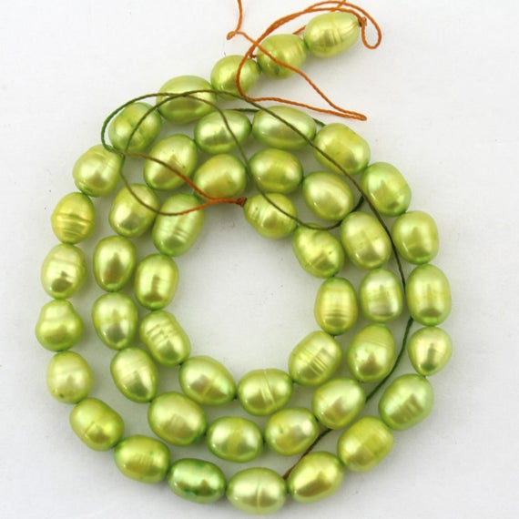 5-6mm Apple Green Potato Pearl Beads, Rice Shape Freshwater Pearl Beads, Loose Pearl Strand, Pearl For Jewelry Making-49 Pcs-14inches--my006
