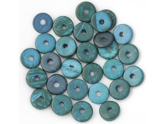 20pc - Perles Donuts Bois De Coco Rondelles 12mm Bleu Vert   4558550001306
