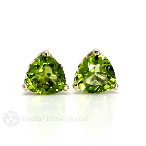 Peridot Earrings 14k Gold Trillion Peridot Stud Earrings Post Earrings August Birthstone Green Gemstone Earrings