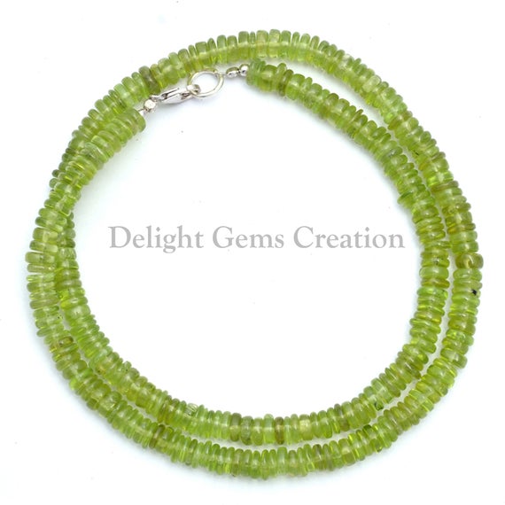 Peridot Beaded Necklace, Natural Stone Party Wear Peridot Bead Necklace, 5-5.5mm Peridot Plain Tyre Beads Statement Necklace 18 To 24 Inches