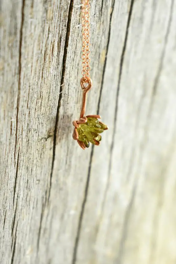 Peridot And 14k Rose Gold Charm Necklace, Lotus Flower Gemstone Pendant, Green Botanical Jewelry For Women, One Of A Kind Valentines Jewelry