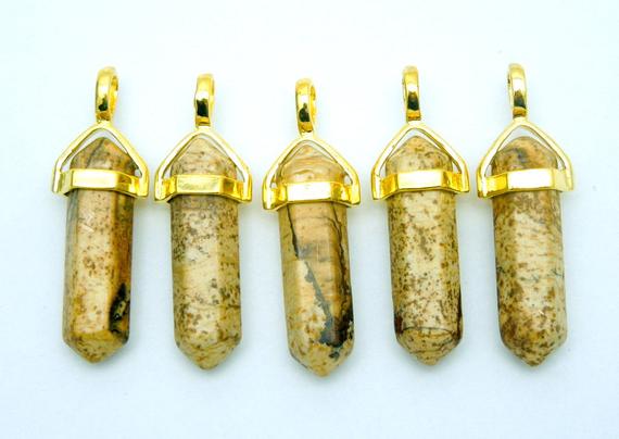 Picture Jasper Double Terminated Pendant Gold Plated Bail-- Pencil Point Pendant  (s48b7-03)