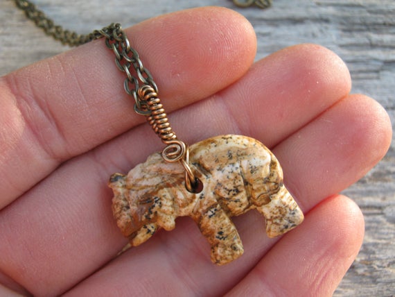Gemstone Elephant Necklace, Picture Jasper Carved Pendant, Lucky Elephant Pendant, Elephant Jewelry, Choose Length, Bronze, Ca12