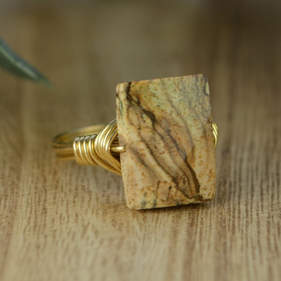 Picture Jasper Rectangular Ring- Sterling Silver, Yellow Or Rose Gold Filled Wire Wrapped Gemstone-size 4 5 6 7 8 9 10 11 12 13 14