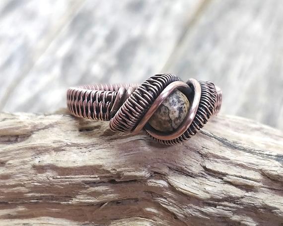 Brown Gemstone Ring, Picture Jasper Wire Wrapped Ring, Oxidized Copper Men's Ring, Jewellery For Him Or Her, Earth Tone Accessories