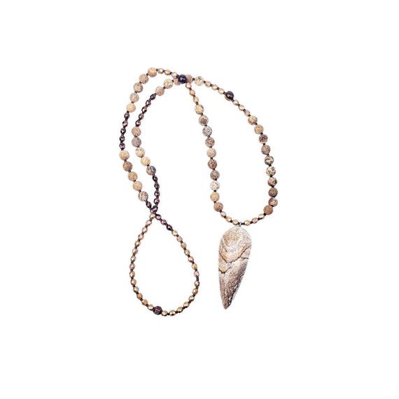 Picture Jasper Stonepoint Pendulum Pendant Necklace| Gold Bronze Hematite Picture Jasper Gemstone Necklace| Long Beaded Necklace