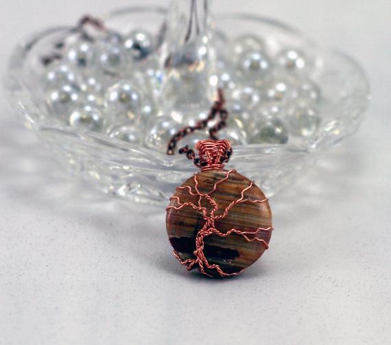 Picture Jasper Twisted Tree Of Life Pendant Raw Copper Wire Wrapped Orange Brown Agate Cabochon With Chain