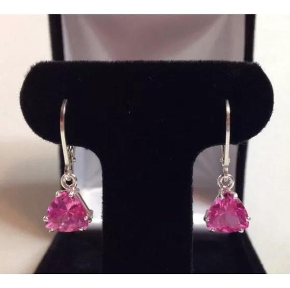 Beautiful 4.4ctw Trillion Cut Pink Sapphire Sterling Silver Drop Dangle Earrings Jewelry Trends Trending Trillion Cut Sapphire