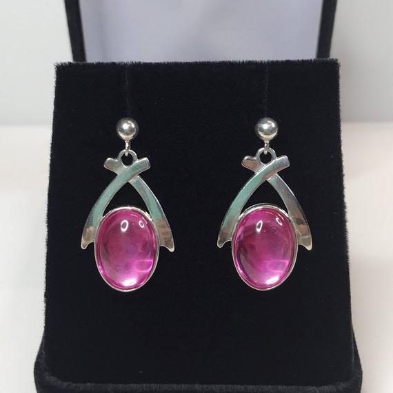 Gorgeous 14ctw Oval Cabochon Cut Pink Sapphire Earrings Sterling Silver Drop Dangle Ball Post Trending Jewelry Gift Mom Fiancé Bride Wife