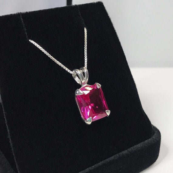 Gorgeous 7ct Emerald Cut Pink Sapphire Necklace Sterling Silver Pendant 18" Trending Jewelry Gift Mom Fiancé Bride Wife Daughter September
