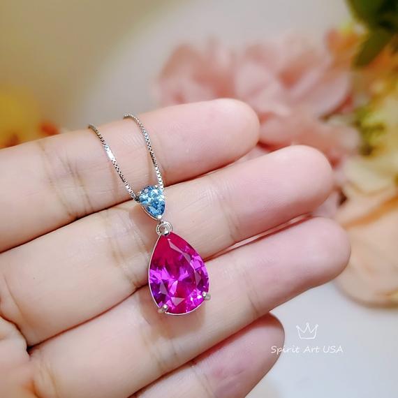 Large Pink Sapphire Necklace -  5.5 Ct Teardrop Fuchsia Pink Sapphire Pendant - White Gold Coated Sterling Silver Pink Sapphire Jewelry