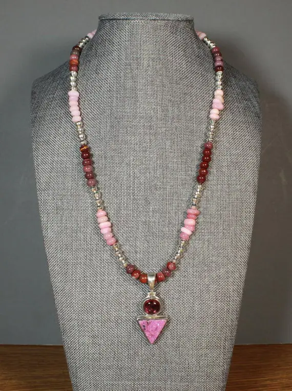 Pink Tourmaline And Cobalto Calcite Druzy Pendant Necklace Bench Made Silver Beads Peruvian Pink Opal Toggle Clasp