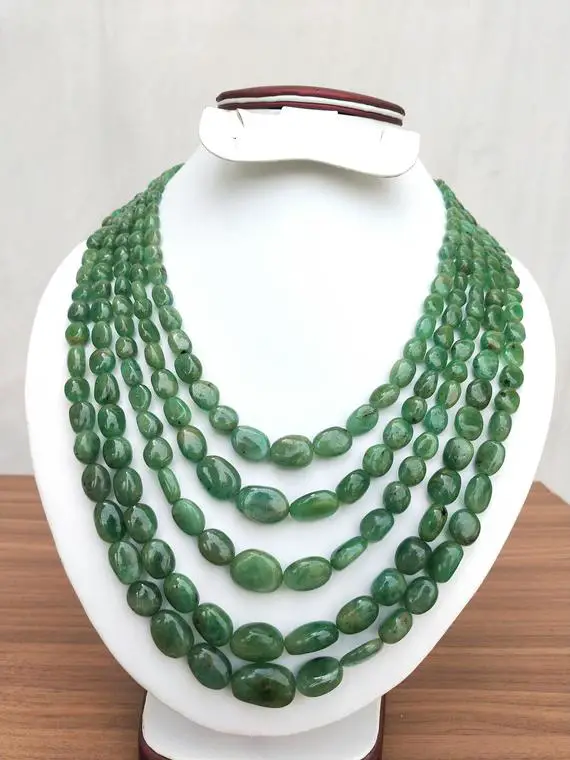 Precious Emerald Necklace ~~ Natural Zambian Emerald's Oval Beads Necklace ~~ 5 Strands ~~ 4x6 To 12x17 Mm ~~ 20 To 25 Inches Strands.