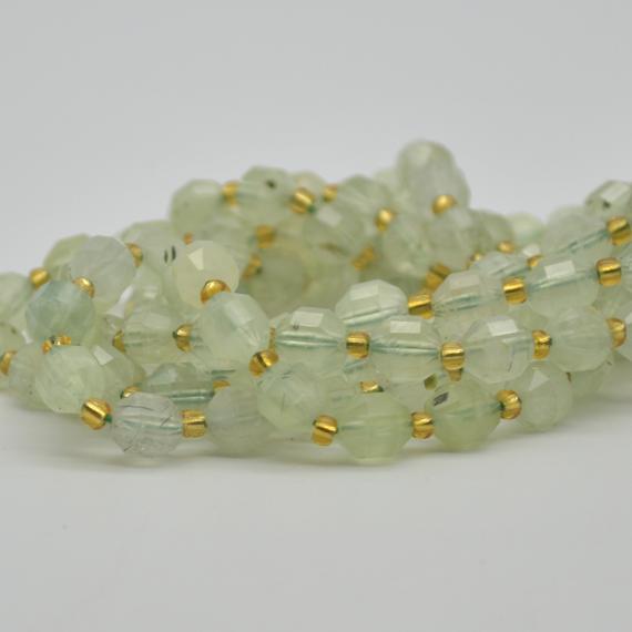 Grade A Natural Prehnite Semi-precious Gemstone Double Tip Faceted Round Beads - 7mm X 8mm - 15" Strand