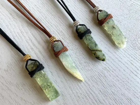 Raw Prehnite Necklace Prehnite Crystal Healing Cord Necklace, Green Prehnite Jewelry Natural Stone Necklace For Men, Green Gemstone Necklace