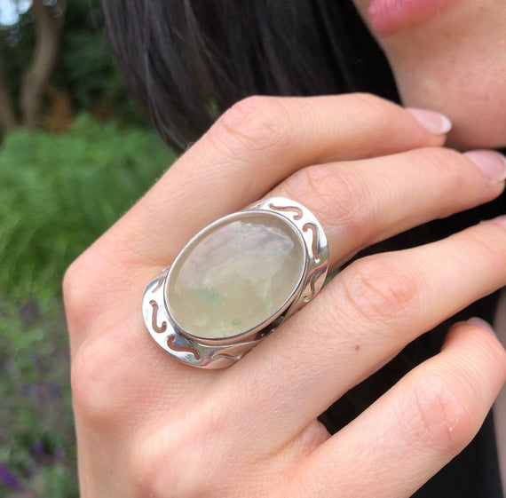 Prehnite Ring, Natural Prehnite, May Birthstone, Tribal Ring, Statement Ring, Massive Ring, Heavy Ring, Big Green Ring, Solid Silver Ring