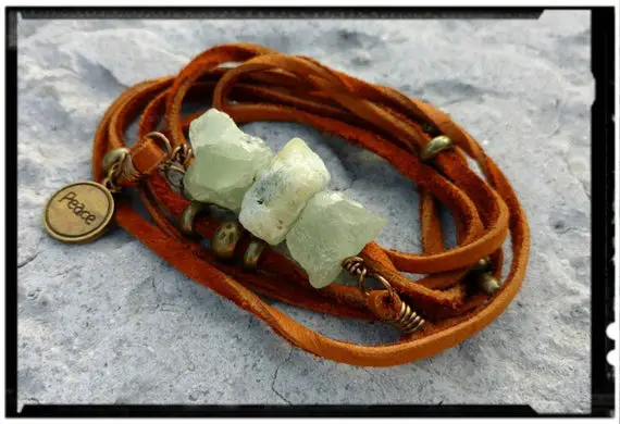 Prehnite Wrap • Deerskin Leather |  Wrap Bracelet | Chunky Raw Green Prehnite | Bronze Beads | Bohemian/gypsy/hippie • Natural Jewelry