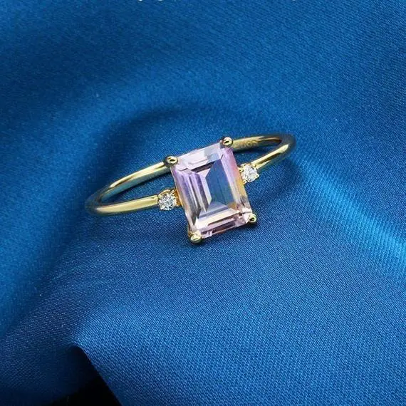 Natural Ametrine Ring Sterling Silver Gold Emerald Cut Natural Amethyst Ring Engagement Ring For Her Anniversary Gift Birthday Gift For Her