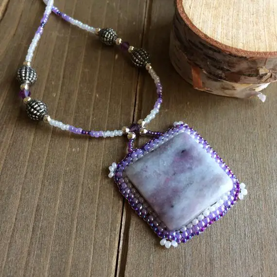 Purple Lepidolite Necklace Handmade Beaded Necklace Lavender Stone Pendant Swarovski Crystal Boho Necklace Unique Jewelry For Women Sld