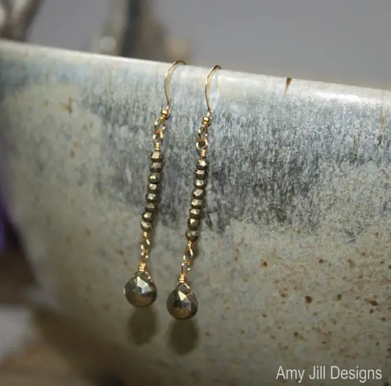 Pyrite Earrings, Wire Wrap, Pyrite Gemstone Jewelry, Fools Gold, Gold Or Silver